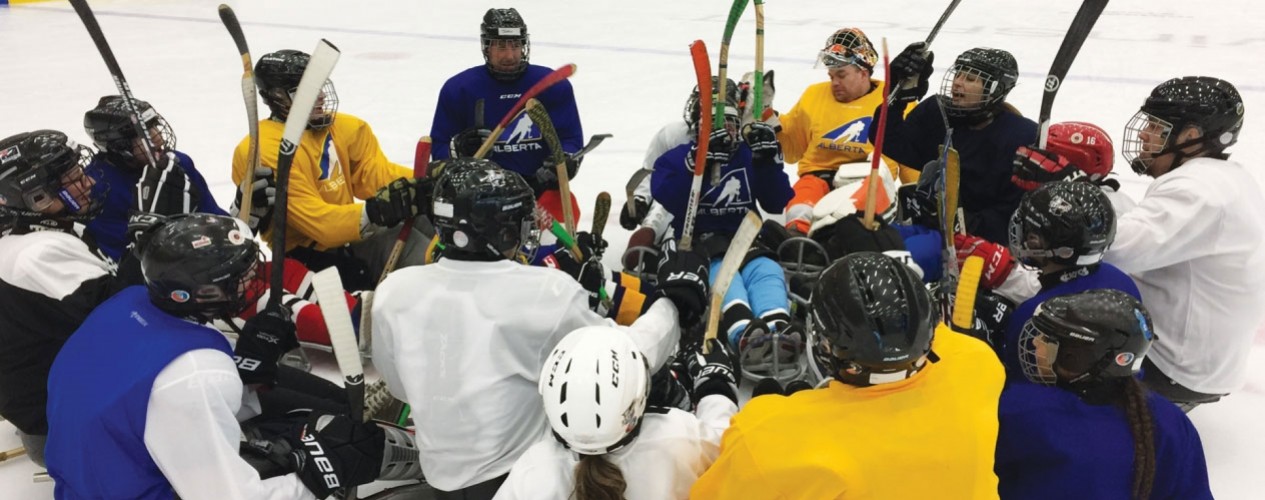 Kids Playing Para Hockey In A Huddle