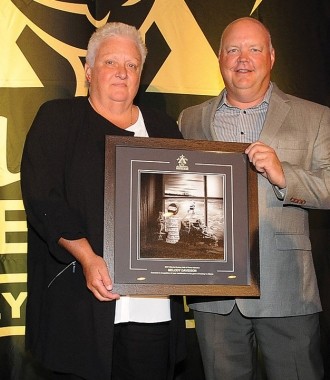 2017 AHHF Inductee Mel Davidson (left) with AHHF Selection Committee member Scott Robinson (Photo credit: LA Media)